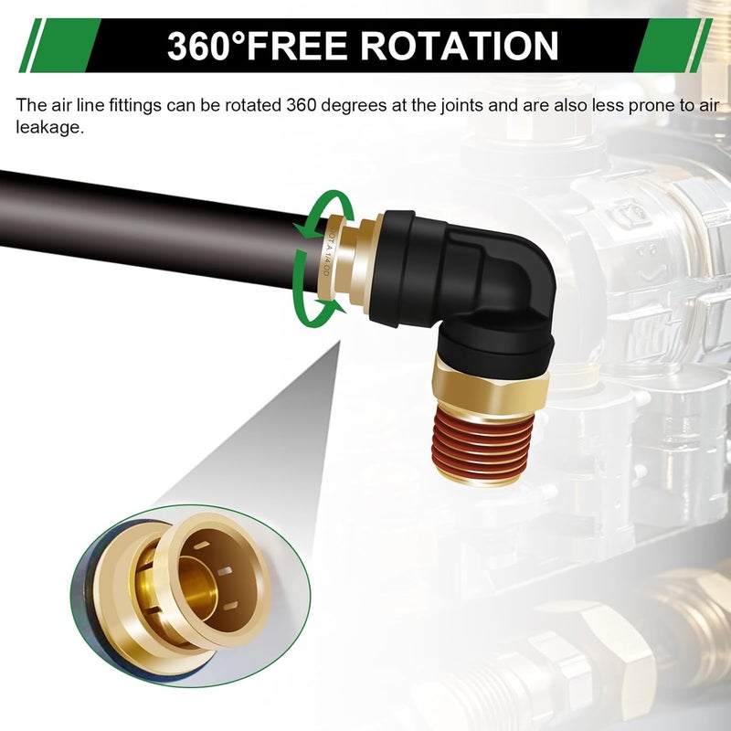 Japtend 1/4 inch DOT Air Hose Fittings 90 Degree Union Elbow， 3PCS 1/4" Tube OD x 1/4" NPT Thread Quick Connect Hose Fittings PTC/PTCR & Brass for Truck Trailers Industry Air System - Image 5